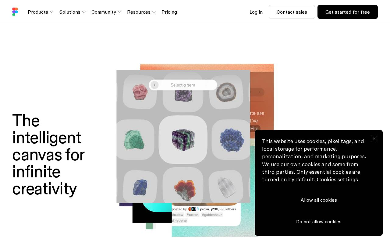 Figma homepage hero: 'The intelligent canvas for infinite creativity' with a product mockup and a consent overlay on the right.