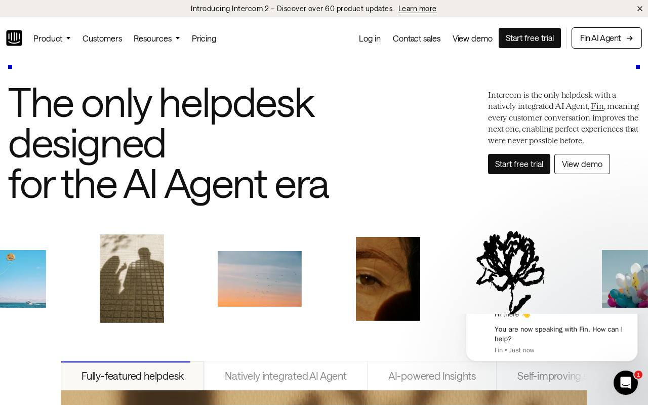 Intercom homepage hero: 'The only helpdesk designed for the AI Agent era' with several calls to action and a chat widget.