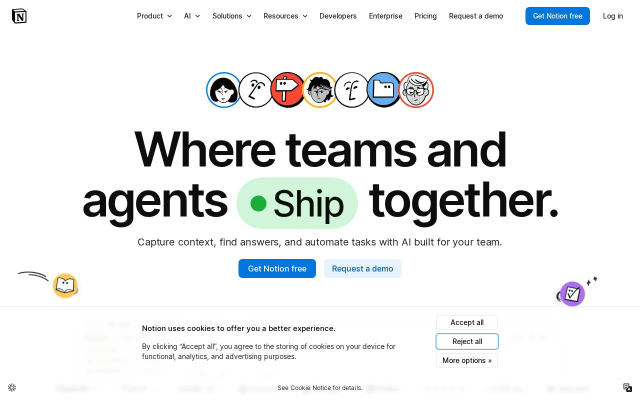 Notion homepage hero: 'Where teams and agents Ship together' with a product mockup and two calls to action.